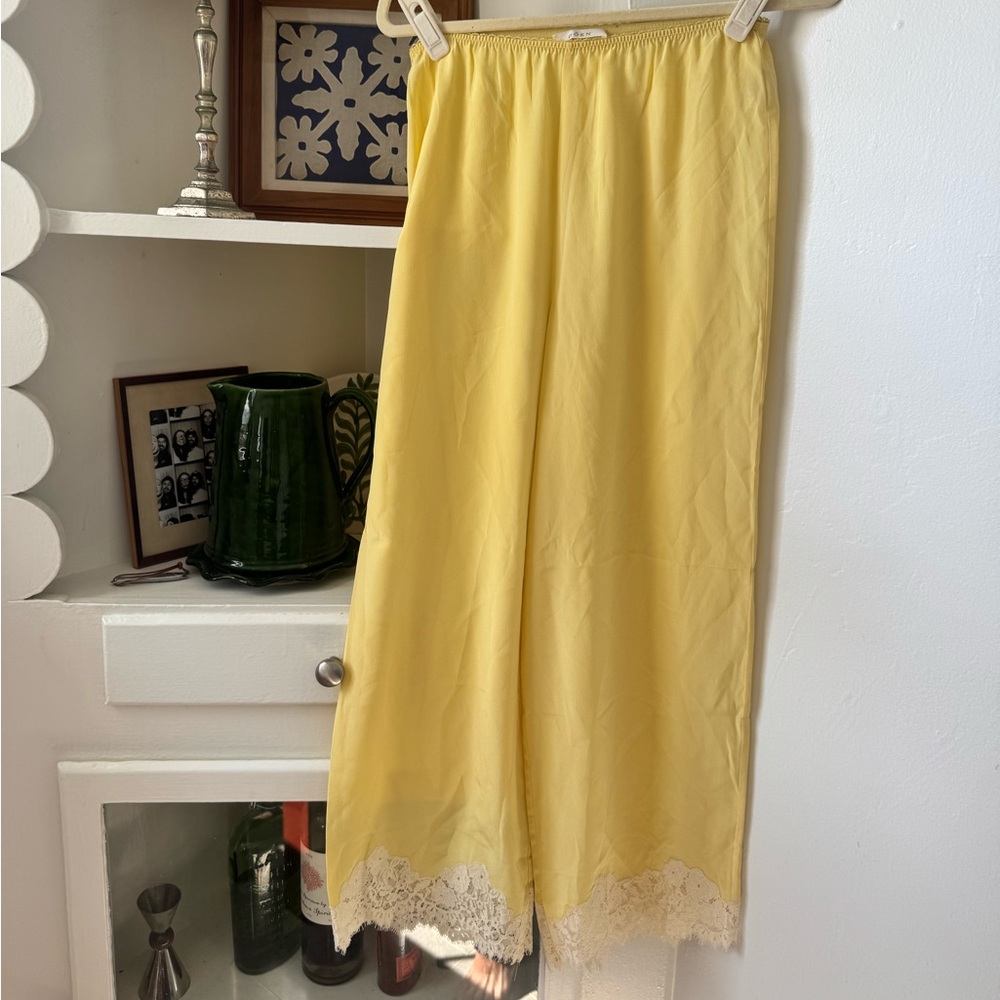 Doen Pale Yellow Wide-Leg Lace-Trim Slip Pants
